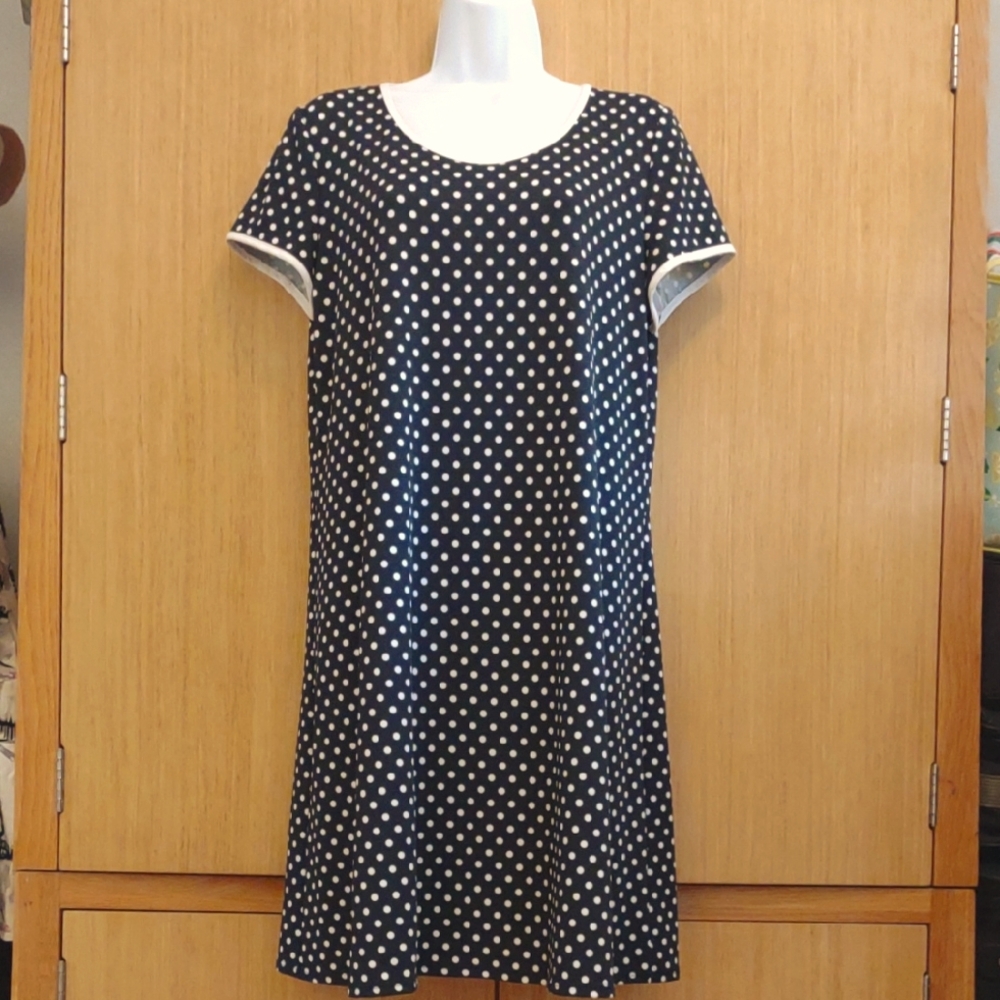 PETITES MSK SZ PXL SS Navy And White Polka Dots